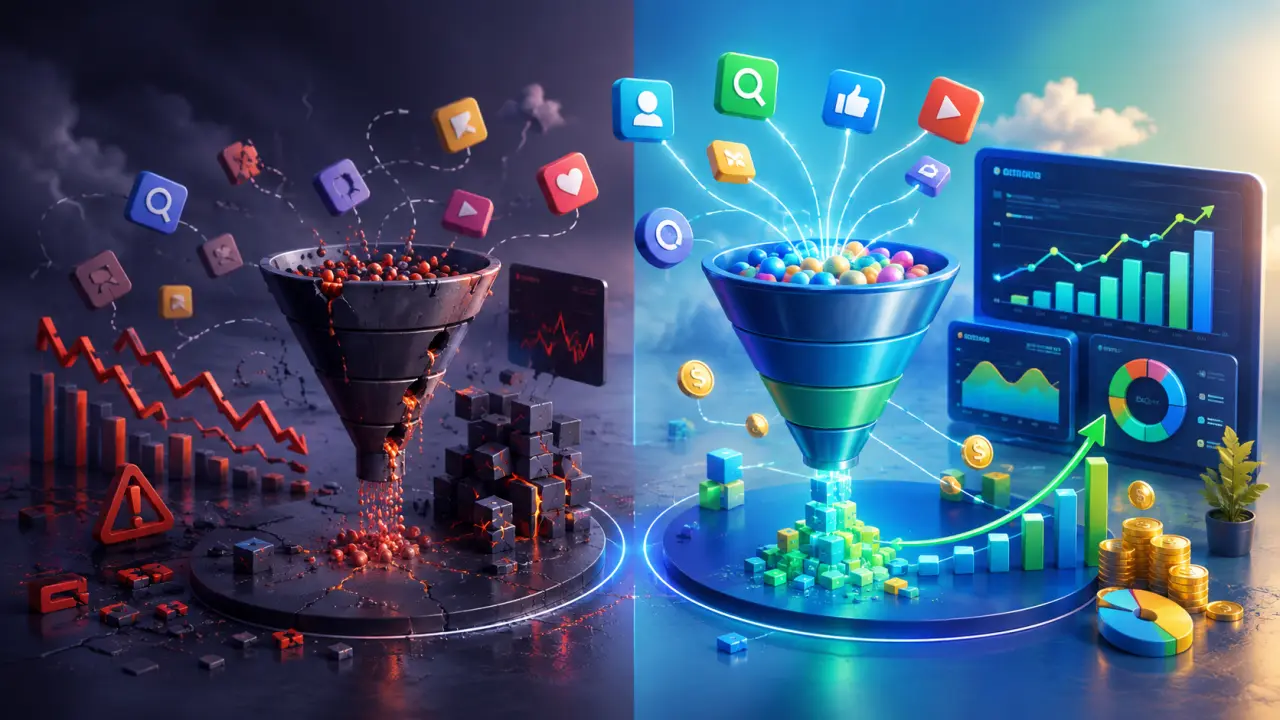 Illustration 3D d'une croissance publicitaire avec flèches vert néon et tableaux de données sur fond indigo