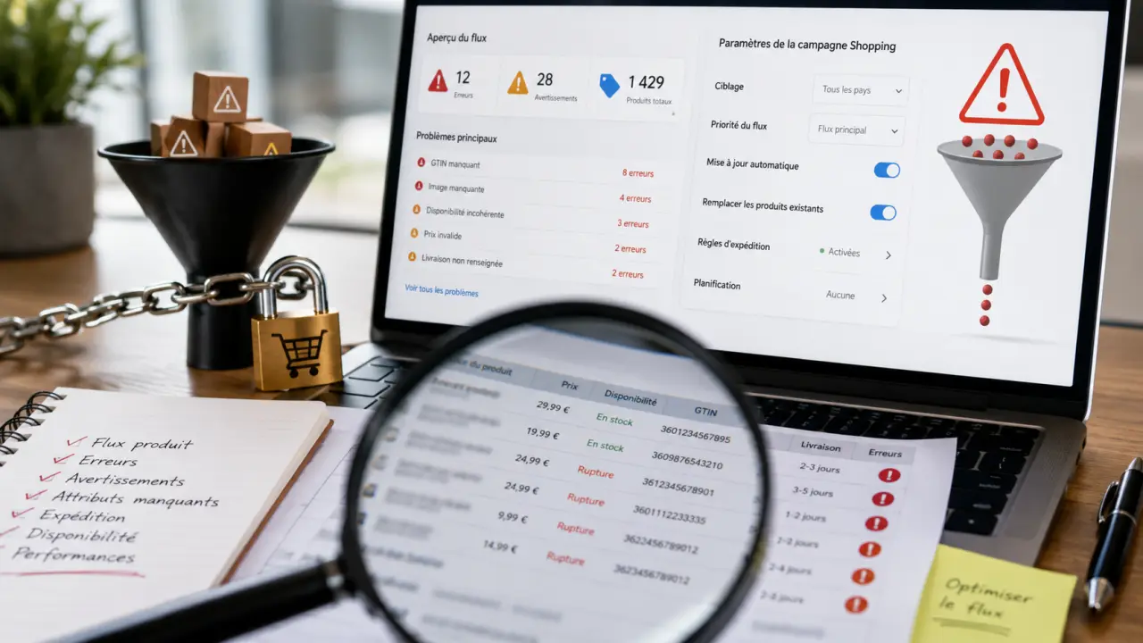 Merchant Center, flux produit et réglages : ce qui bloque vraiment une campagne Google Shopping
